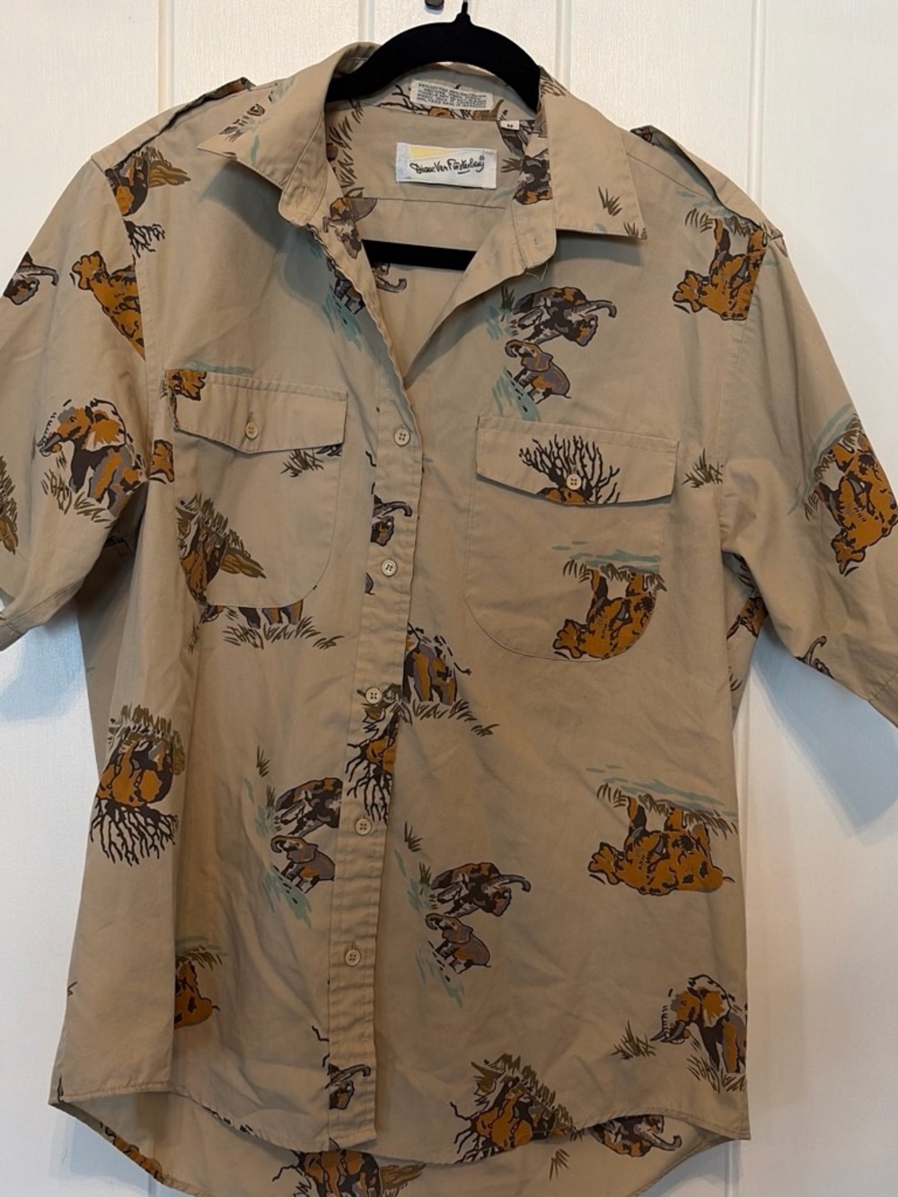 Diane Von Furstenberg Tan Button-Down Shirt with Mustard and Teal Print